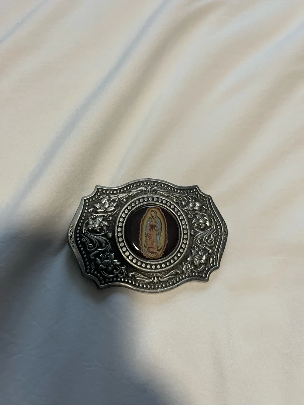 Ornate Silver-Tone Mother Mary men’s belt buckle